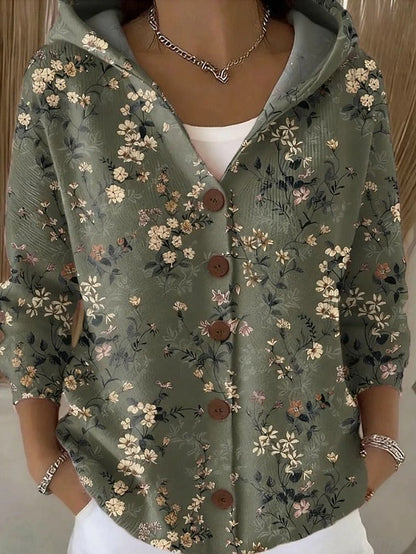 Women's Hooded Cardigan Long Sleeve with Button Closure and Printed Pattern