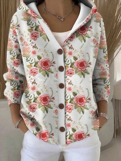 Women's Hooded Cardigan Long Sleeve with Button Closure and Printed Pattern