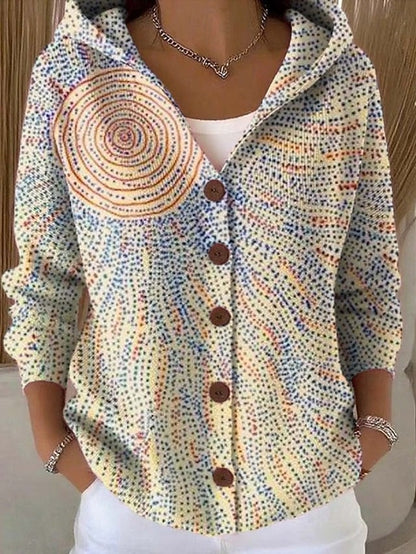 Women's Hooded Cardigan Long Sleeve with Button Closure and Printed Pattern