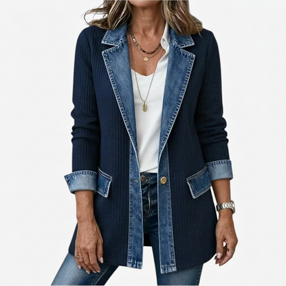 Women's Long-Line Jacket with Denim Collar and Button Front