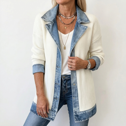 Women's Long-Line Jacket with Denim Collar and Button Front