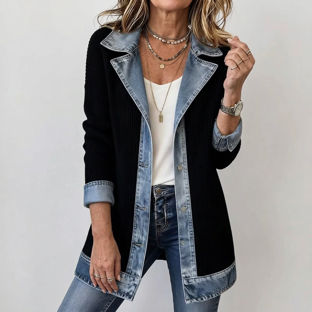 Women's Long-Line Jacket with Denim Collar and Button Front