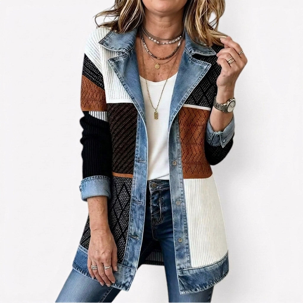 Women's Long-Line Jacket with Denim Collar and Button Front