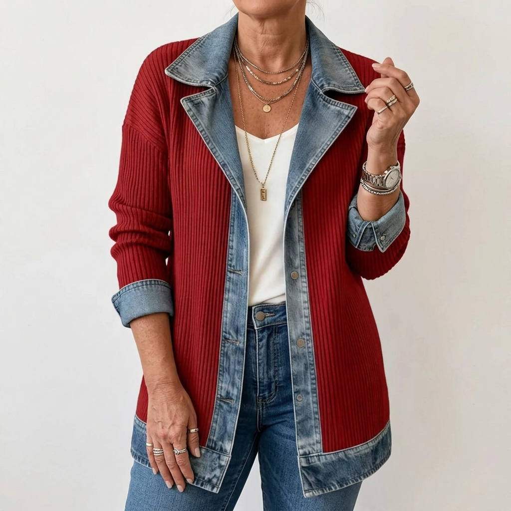 Women's Long-Line Jacket with Denim Collar and Button Front
