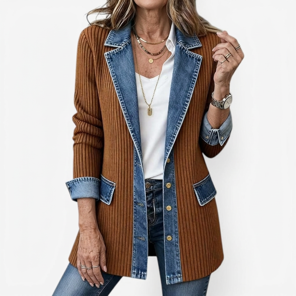 Women's Long-Line Jacket with Denim Collar and Button Front