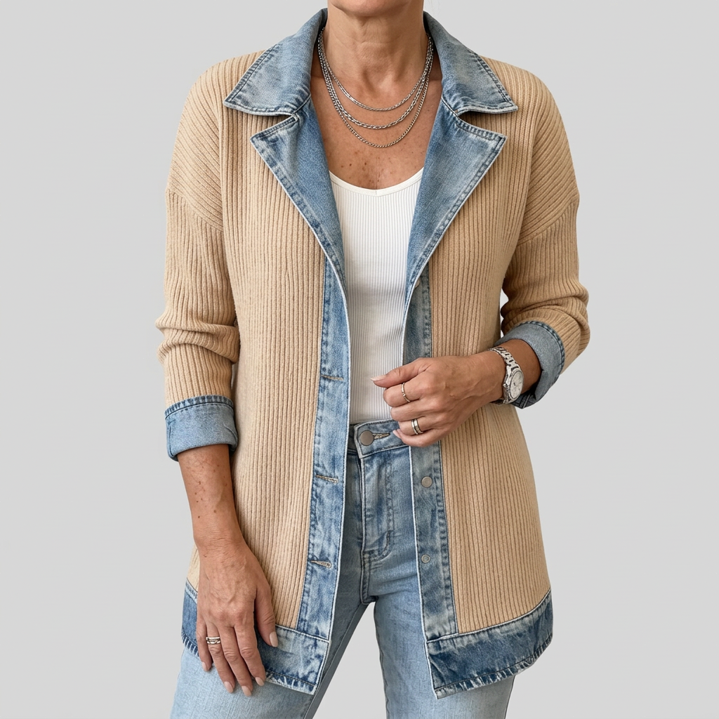 Women's Long-Line Jacket with Denim Collar and Button Front
