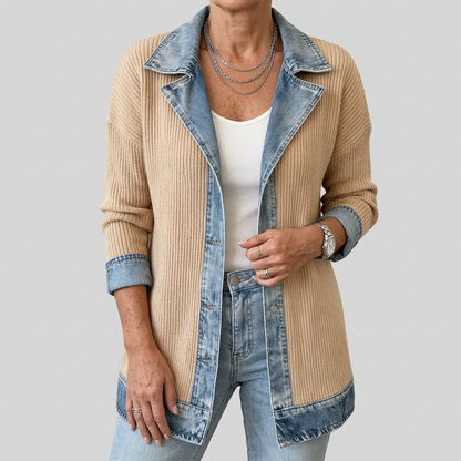 Women's Long-Line Jacket with Denim Collar and Button Front