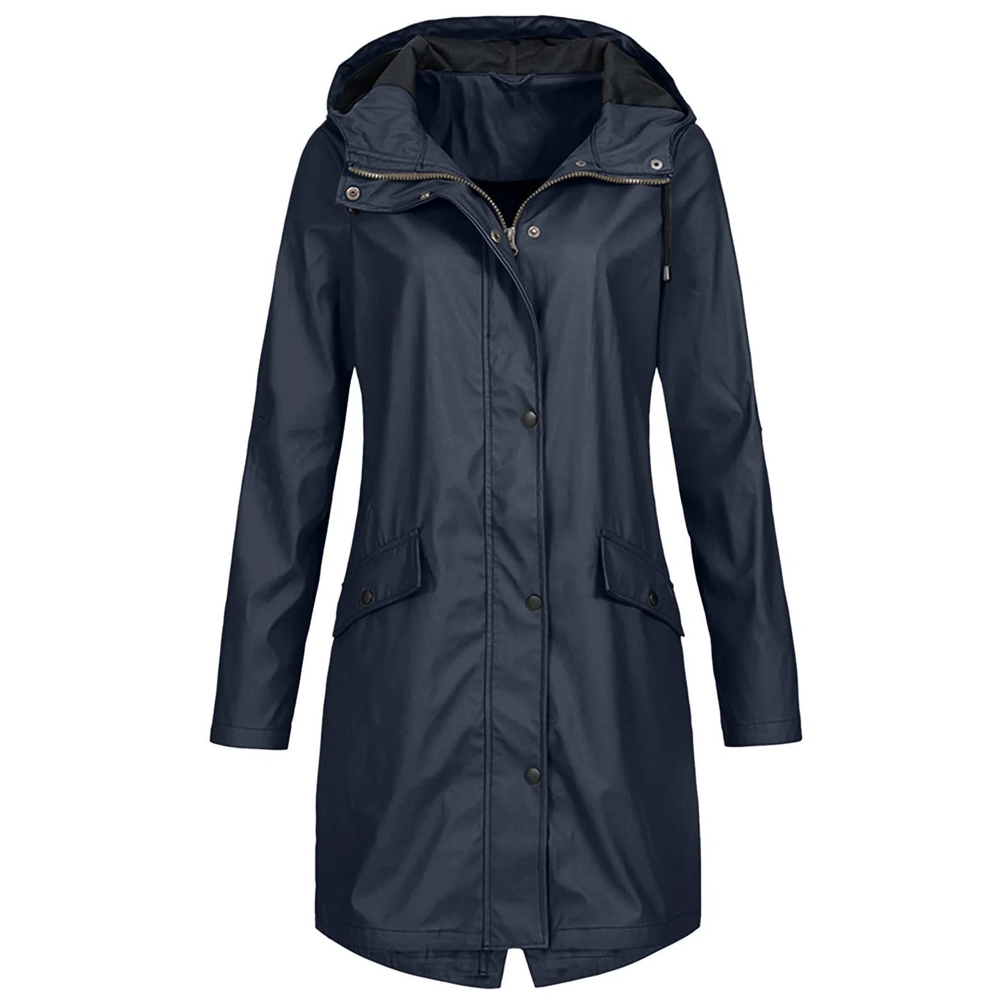 Women's Long Raincoat with Hood and Zip Closure