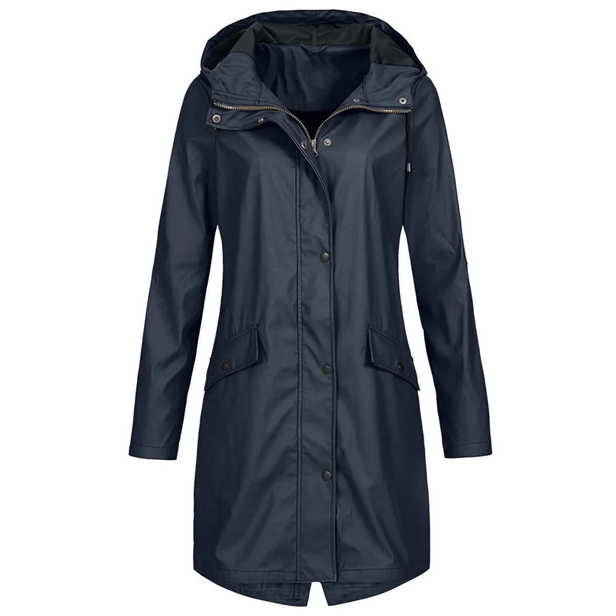 Women's Long Raincoat with Hood and Zip Closure