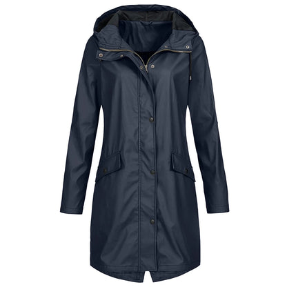 Women's Long Raincoat with Hood and Zip Closure