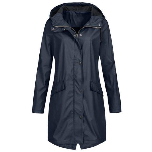Women's Long Raincoat with Hood and Zip Closure