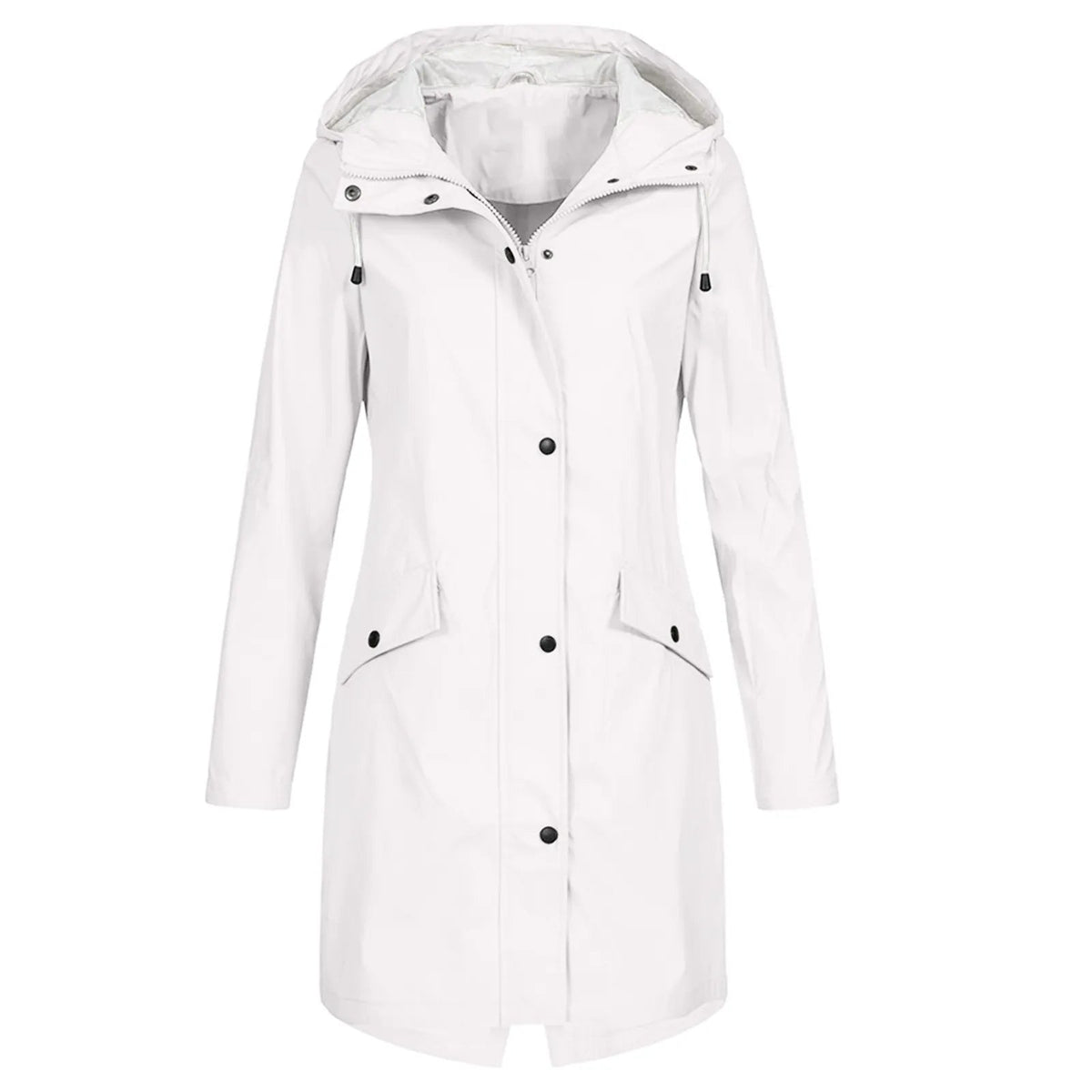 Women's Long Raincoat with Hood and Zip Closure