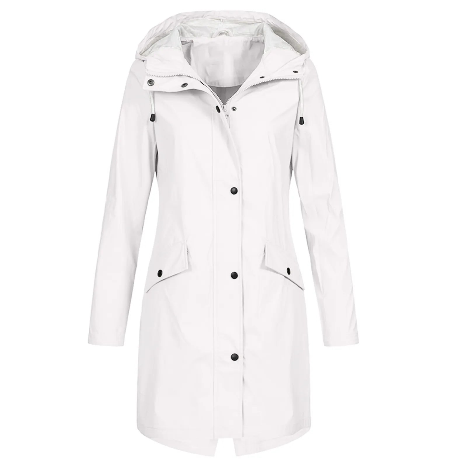 Women's Long Raincoat with Hood and Zip Closure