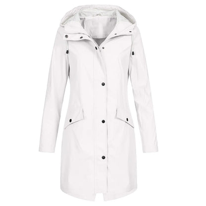 Women's Long Raincoat with Hood and Zip Closure