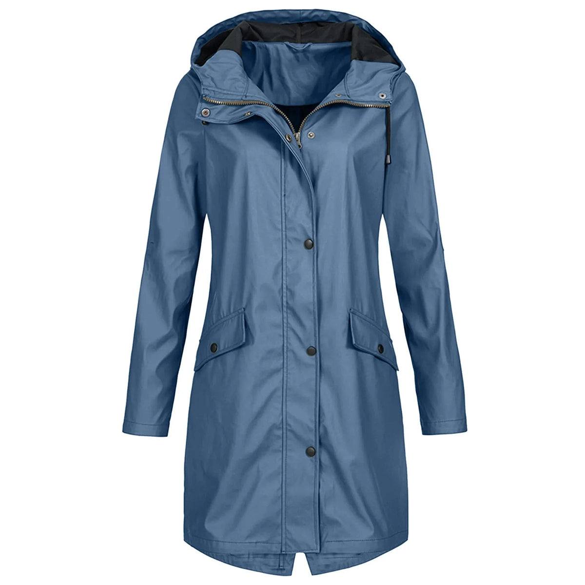Women's Long Raincoat with Hood and Zip Closure