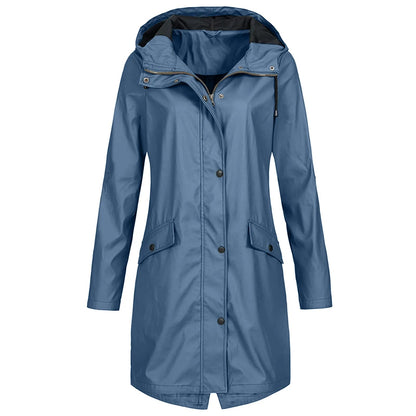Women's Long Raincoat with Hood and Zip Closure