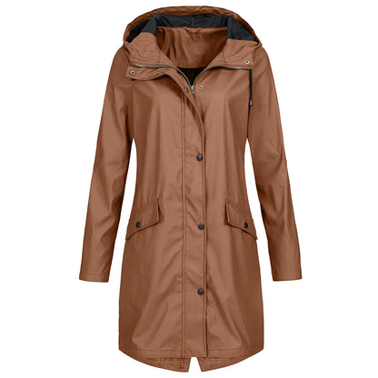 Women's Long Raincoat with Hood and Zip Closure