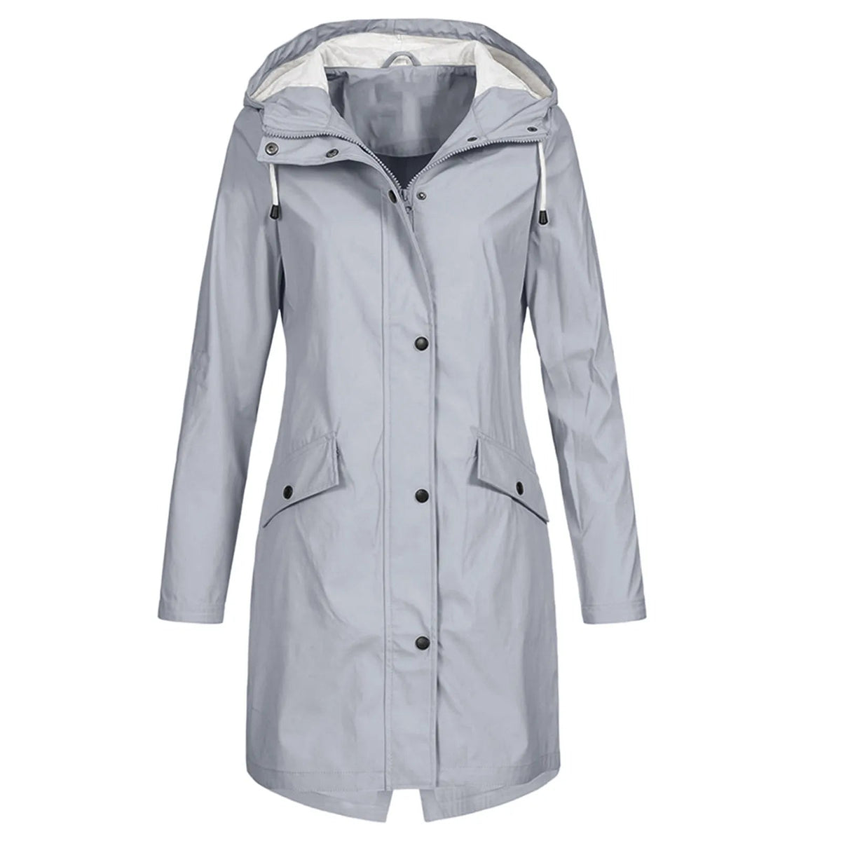 Women's Long Raincoat with Hood and Zip Closure
