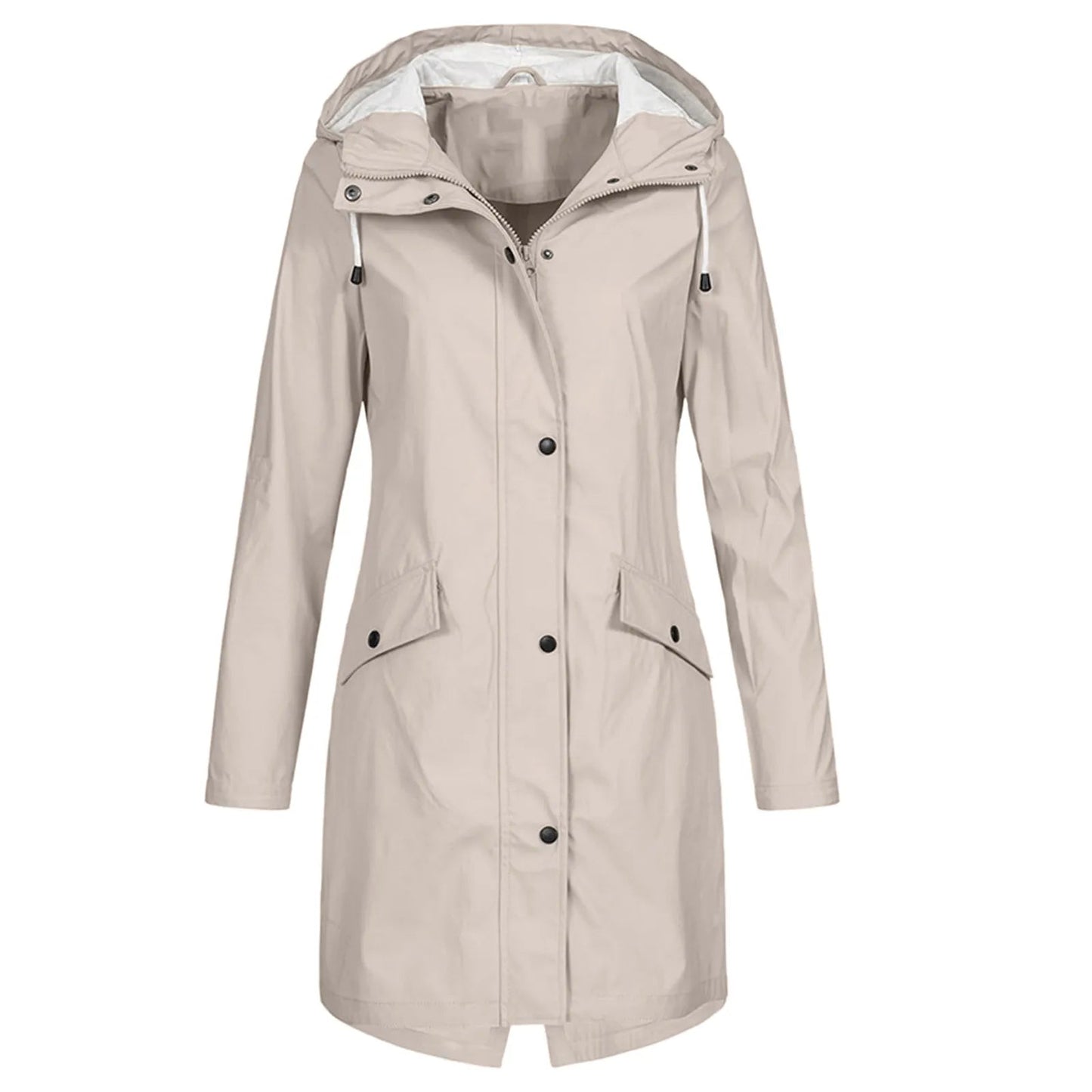 Women's Long Raincoat with Hood and Zip Closure