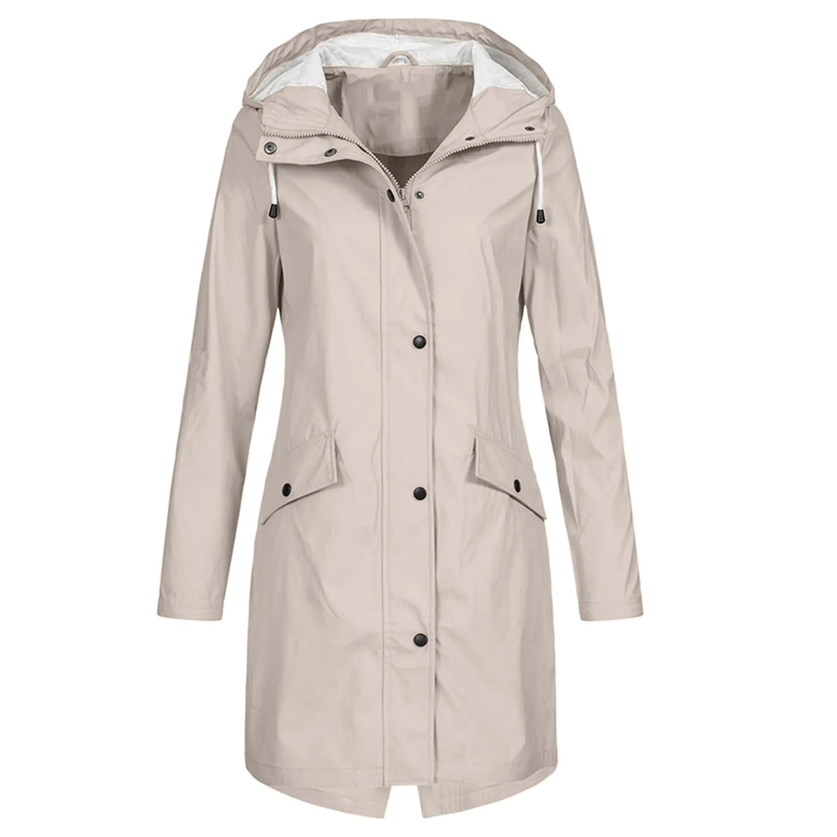 Women's Long Raincoat with Hood and Zip Closure