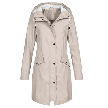 Women's Long Raincoat with Hood and Zip Closure