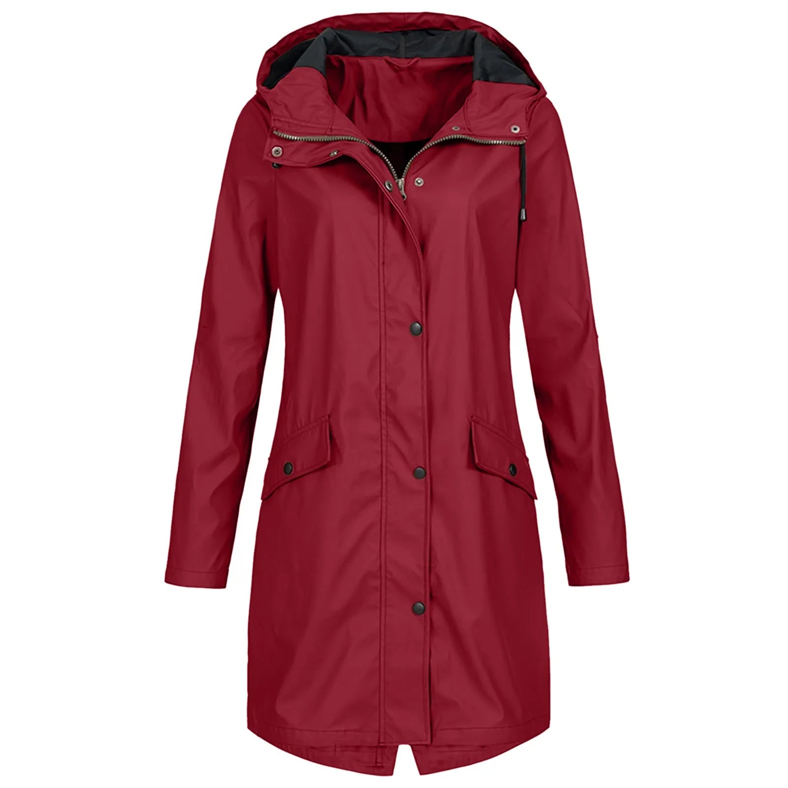 Women's Long Raincoat with Hood and Zip Closure