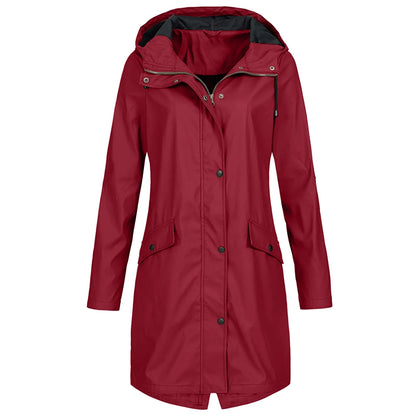 Women's Long Raincoat with Hood and Zip Closure