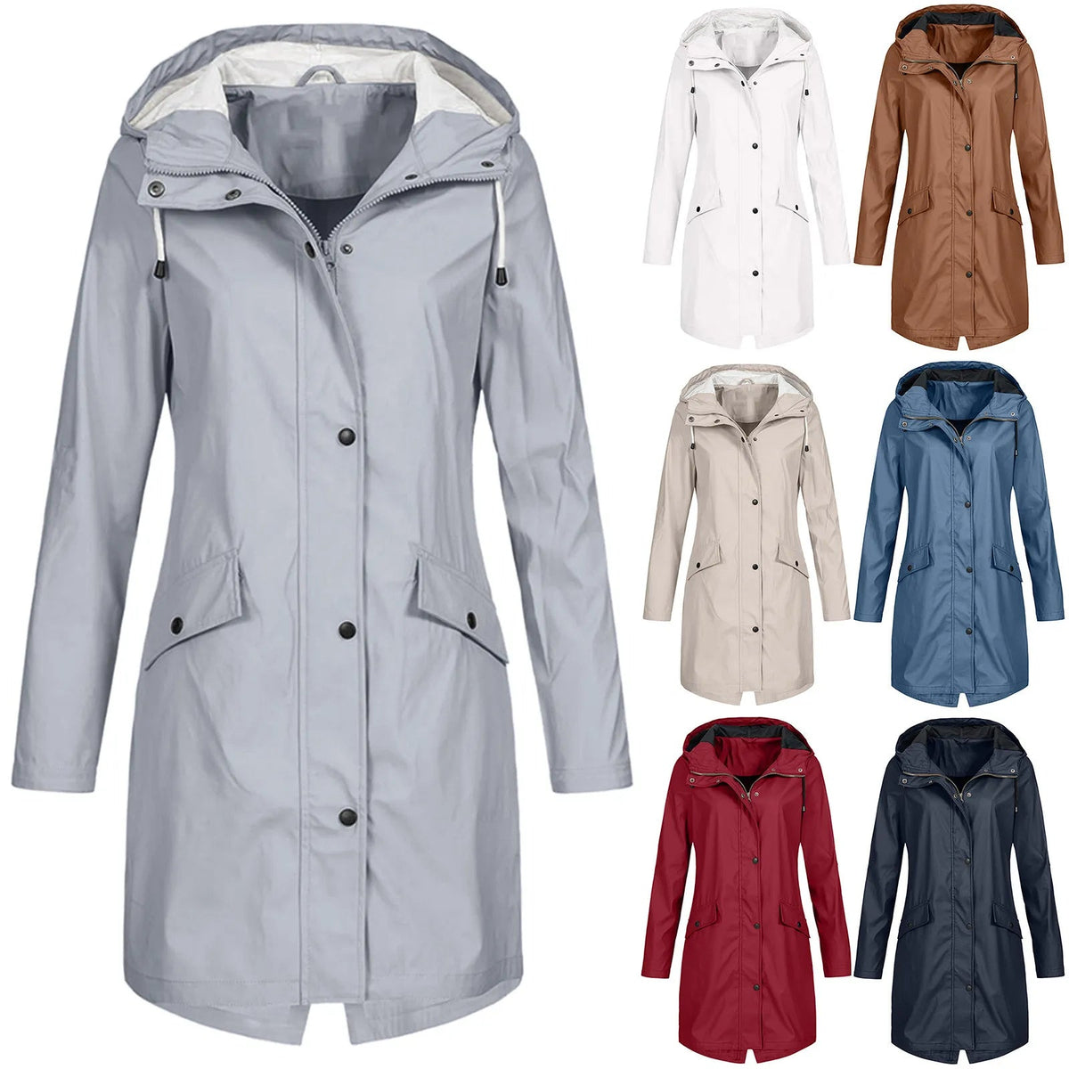 Women's Long Raincoat with Hood and Zip Closure