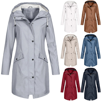 Women's Long Raincoat with Hood and Zip Closure