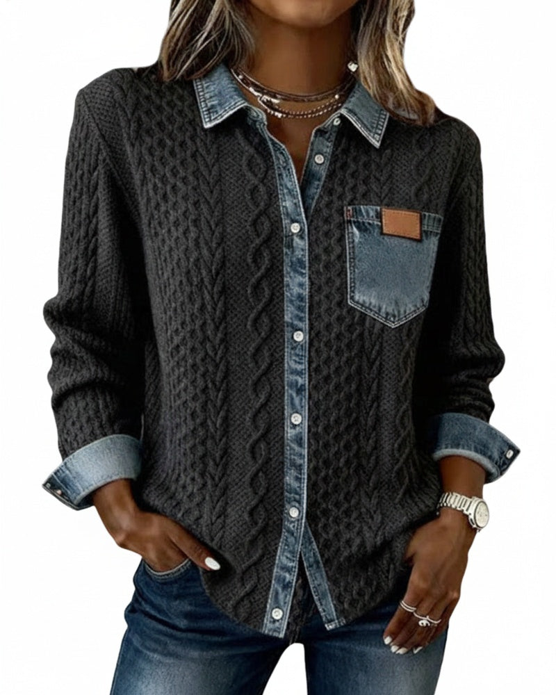 Women's Long Sleeve Cable Knit Shirt with Denim Details and Button Closure