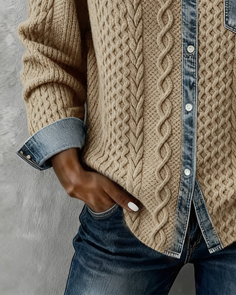 Women's Long Sleeve Cable Knit Shirt with Denim Details and Button Closure