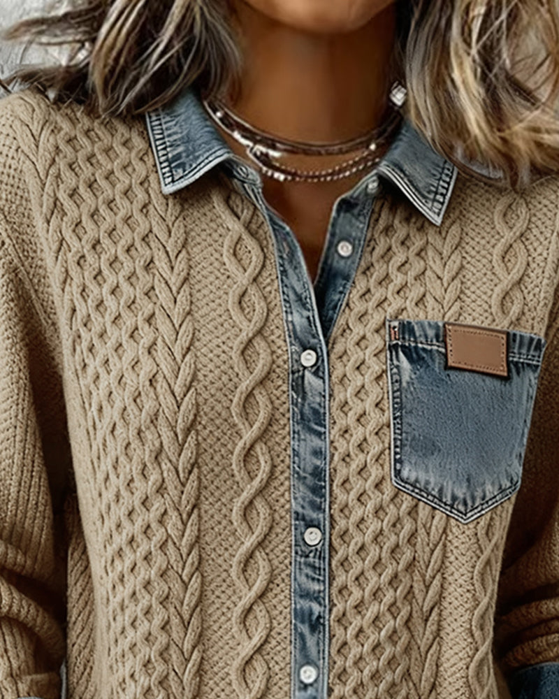 Women's Long Sleeve Cable Knit Shirt with Denim Details and Button Closure
