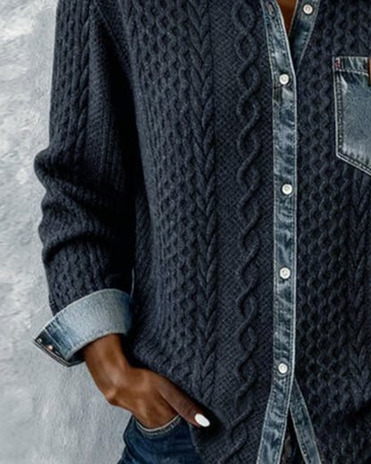 Women's Long Sleeve Cable Knit Shirt with Denim Details and Button Closure