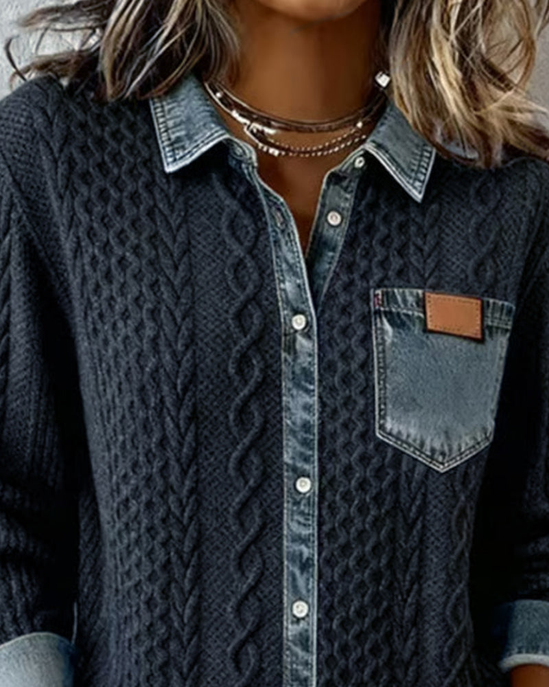 Women's Long Sleeve Cable Knit Shirt with Denim Details and Button Closure