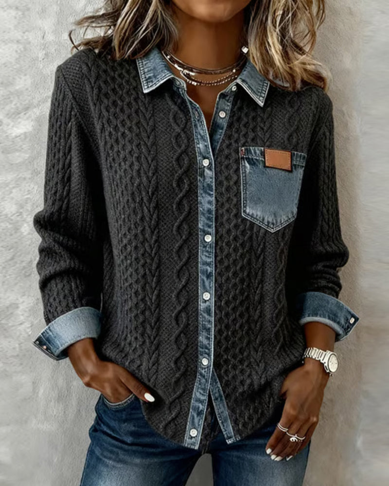 Women's Long Sleeve Cable Knit Shirt with Denim Details and Button Closure