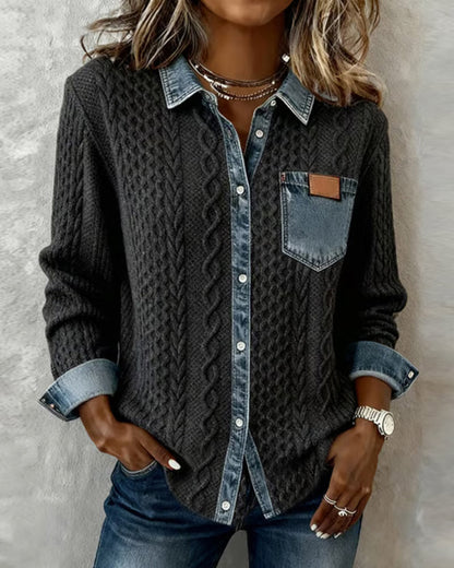 Women's Long Sleeve Cable Knit Shirt with Denim Details and Button Closure