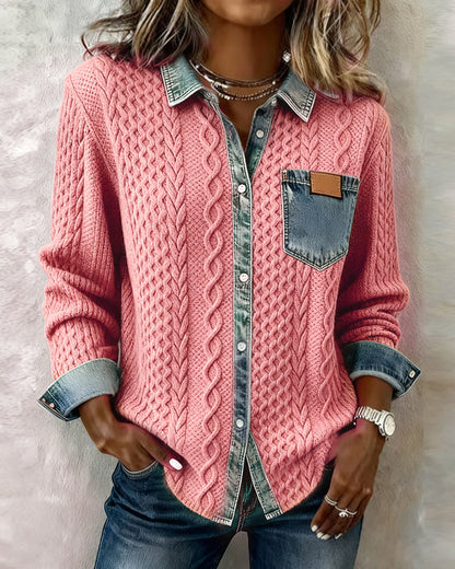 Women's Long Sleeve Cable Knit Shirt with Denim Details and Button Closure