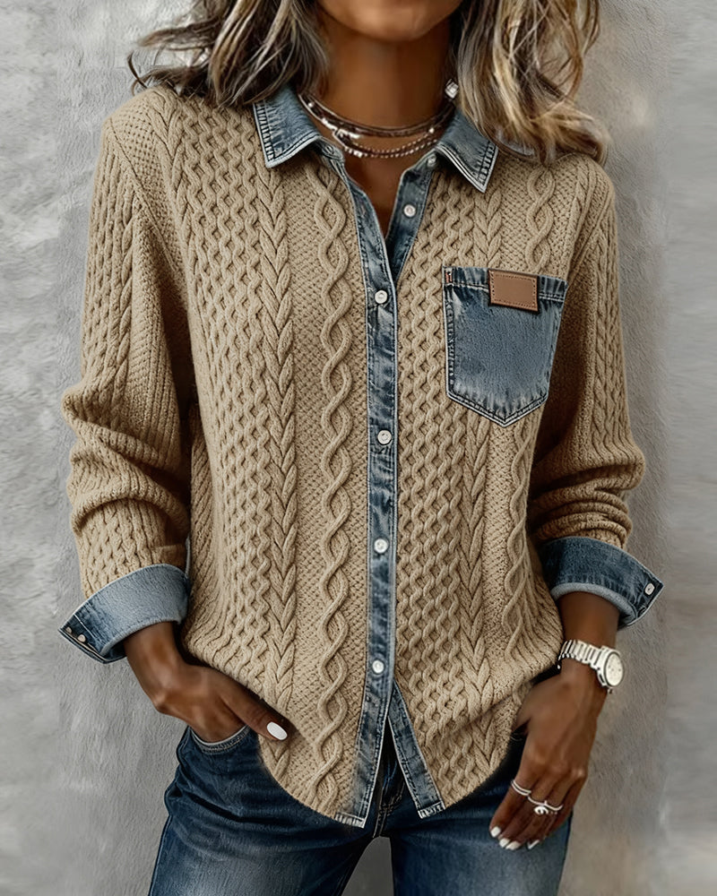 Women's Long Sleeve Cable Knit Shirt with Denim Details and Button Closure
