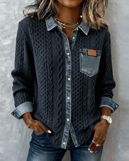 Women's Long Sleeve Cable Knit Shirt with Denim Details and Button Closure