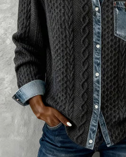 Women's Long Sleeve Cable Knit Shirt with Denim Details and Button Closure