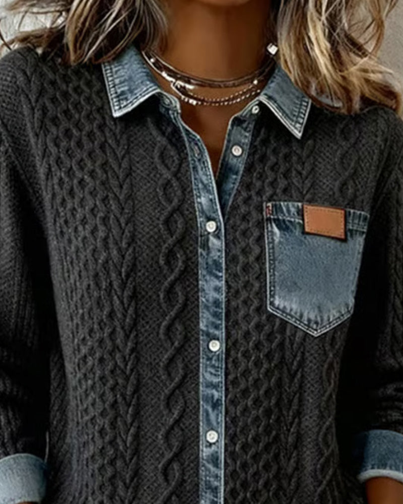 Women's Long Sleeve Cable Knit Shirt with Denim Details and Button Closure