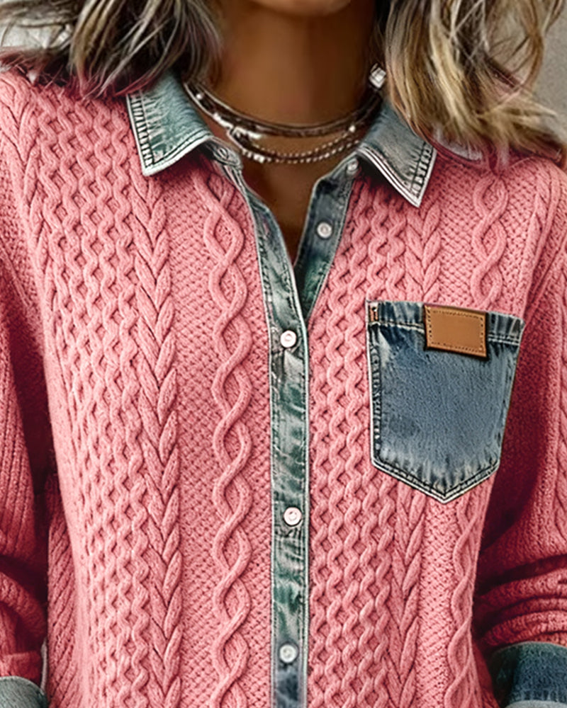 Women's Long Sleeve Cable Knit Shirt with Denim Details and Button Closure