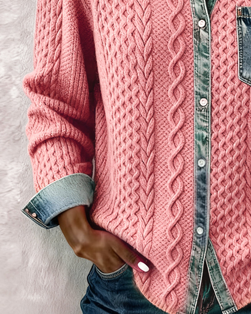Women's Long Sleeve Cable Knit Shirt with Denim Details and Button Closure