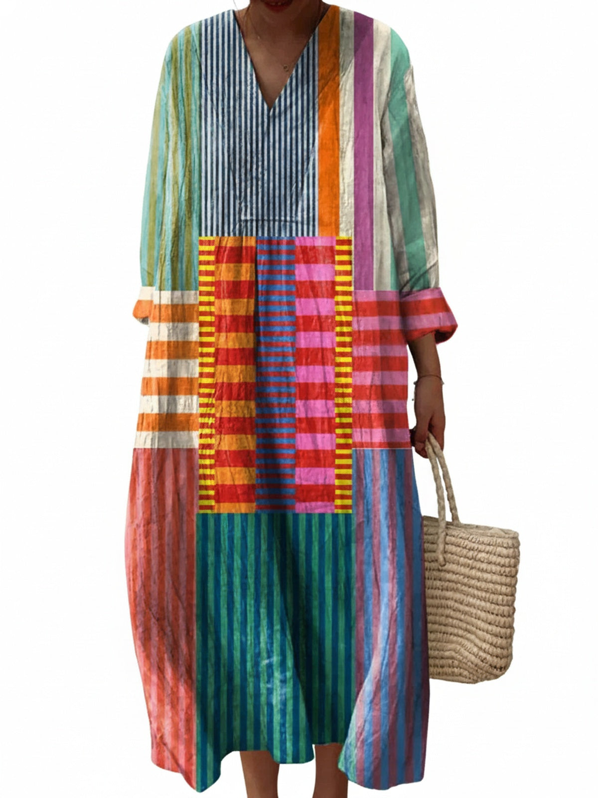 Women's Maxi Dress with V-Neck, Long Sleeves and Patchwork Stripe Print