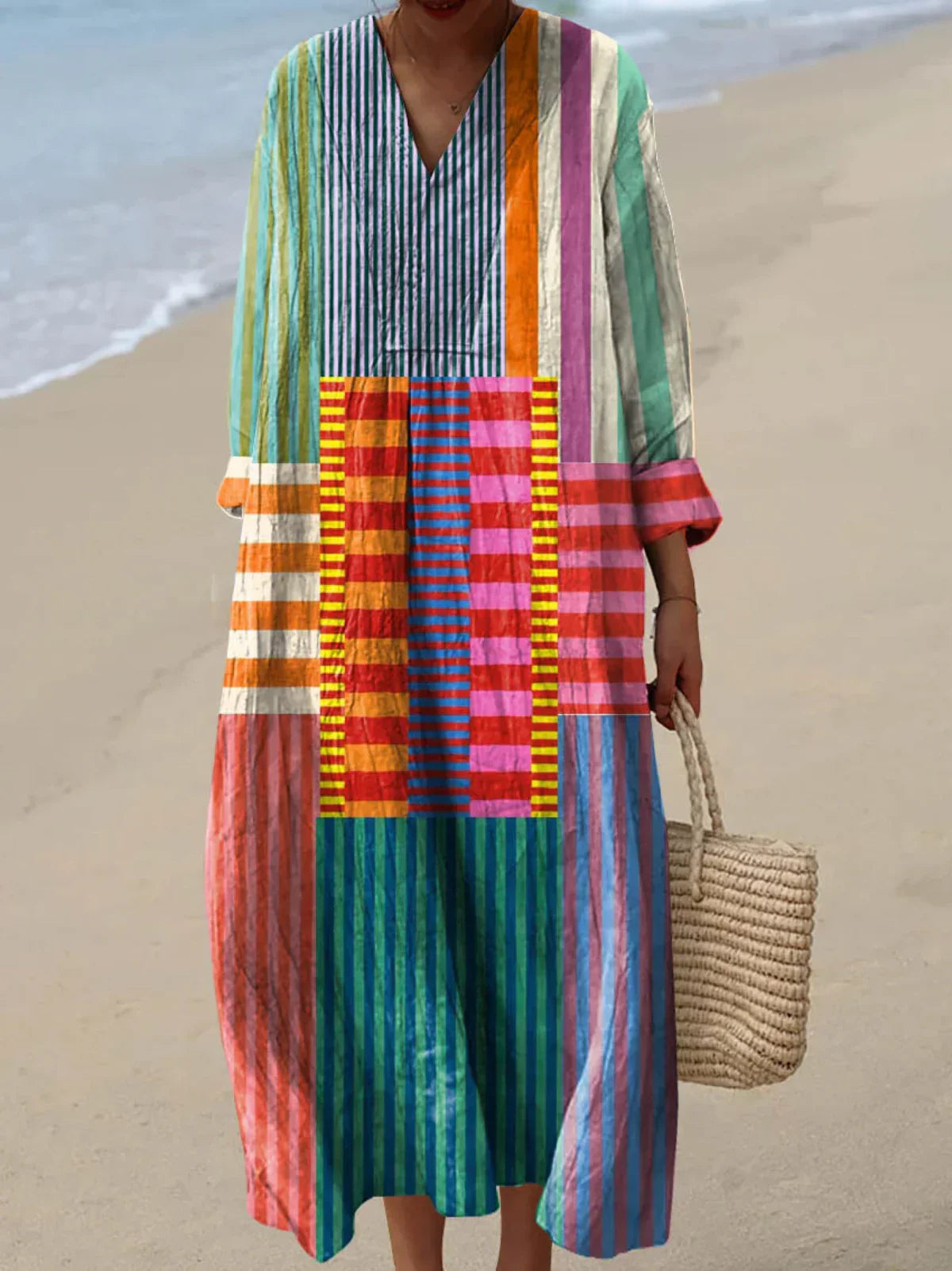 Women's Maxi Dress with V-Neck, Long Sleeves and Patchwork Stripe Print