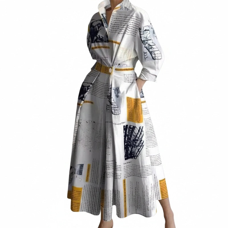 Women's Maxi Shirt Dress with Collared V-Neck and A-Line Skirt