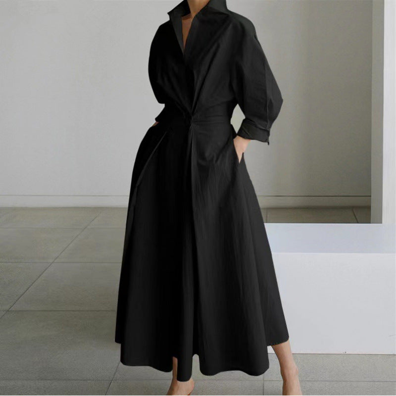 Women's Maxi Shirt Dress with Collared V-Neck and A-Line Skirt