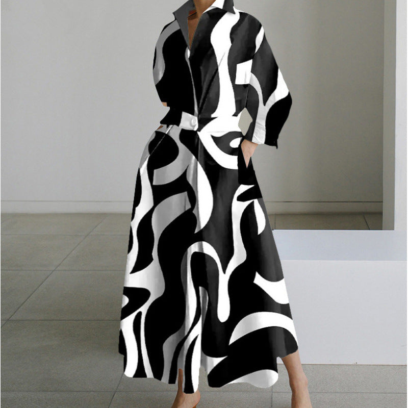 Women's Maxi Shirt Dress with Collared V-Neck and A-Line Skirt