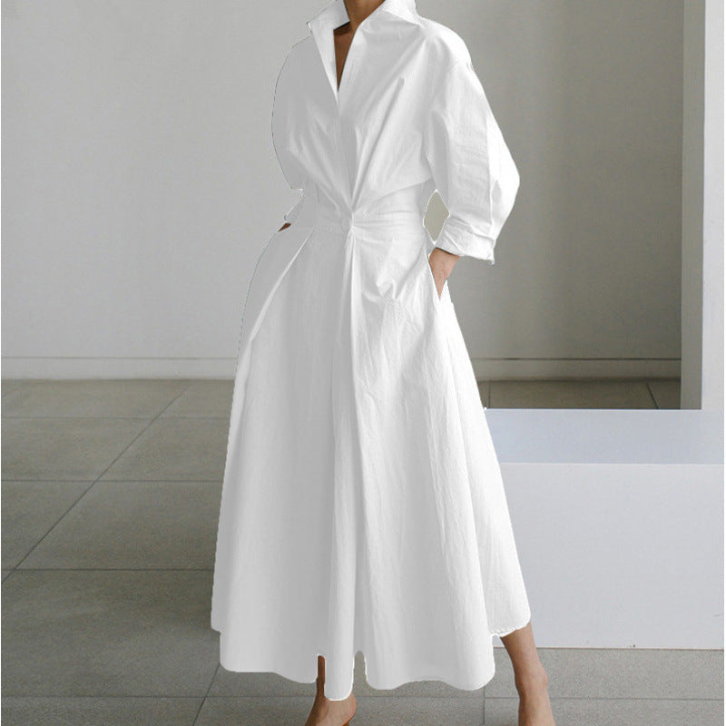 Women's Maxi Shirt Dress with Collared V-Neck and A-Line Skirt