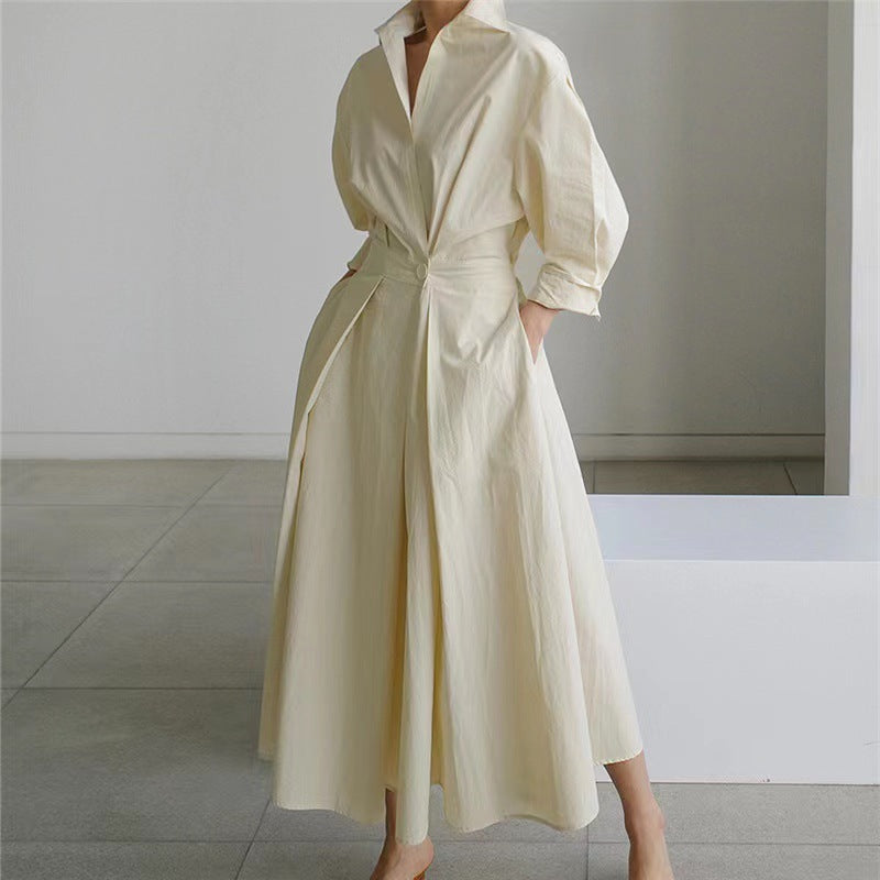 Women's Maxi Shirt Dress with Collared V-Neck and A-Line Skirt